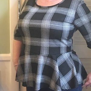 Ashley Stewart Black and grey plaid peplum top